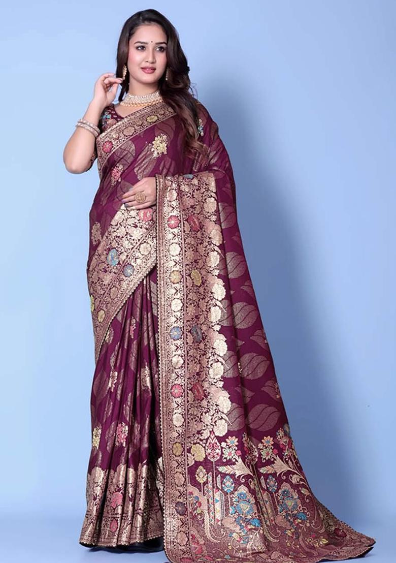 Maroon Embroidery Silk Saree With Blouse