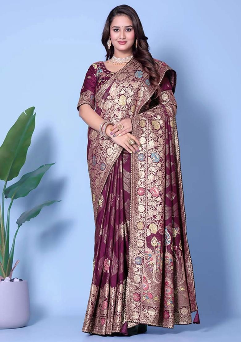 Maroon Embroidery Silk Saree With Blouse