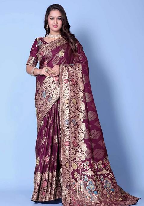 Maroon Embroidery Silk Saree With Blouse