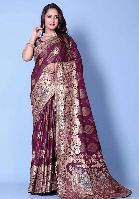 Maroon Embroidery Silk Saree With Blouse