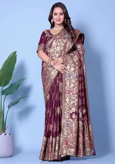 Maroon Embroidery Silk Saree With Blouse