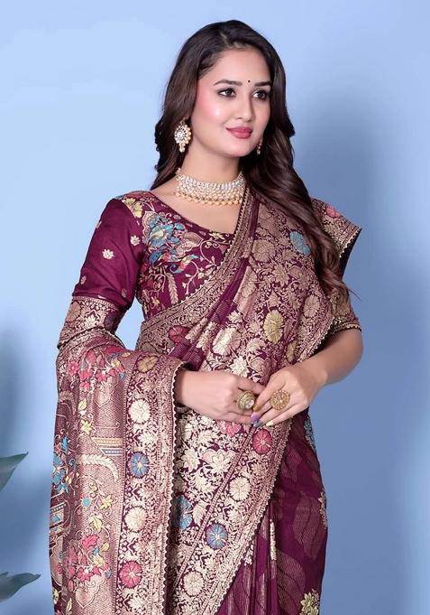 Maroon Embroidery Silk Saree With Blouse