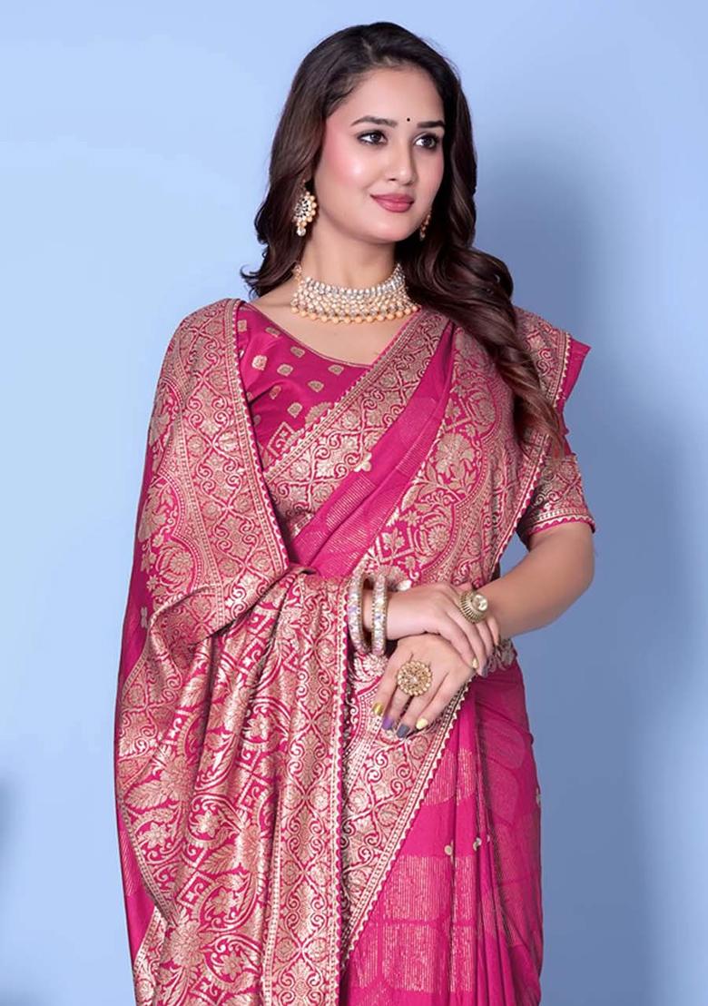 Pink Embroidery Silk Saree With Blouse