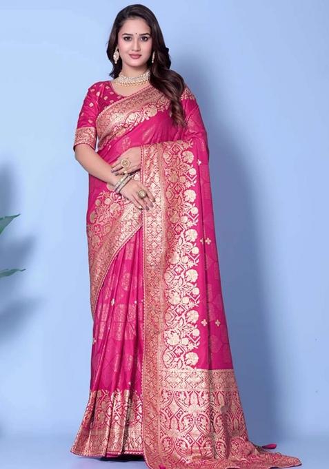 Pink Embroidery Silk Saree With Blouse
