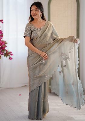 Grey Embroidered Satin Saree Set