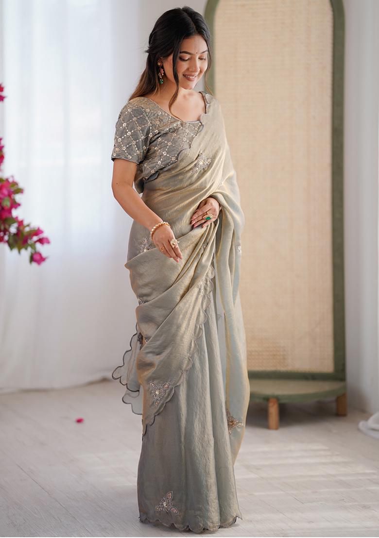 Grey Embroidered Satin Saree Set - Indya