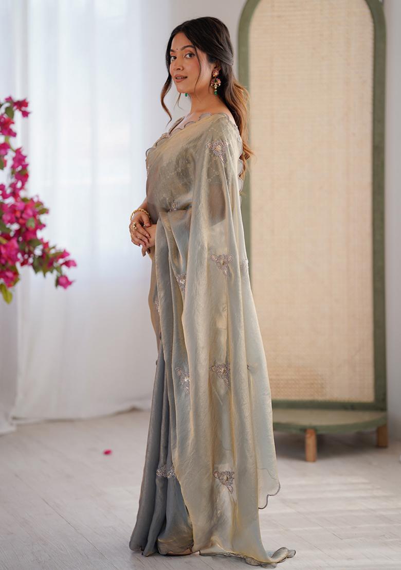 Grey Embroidered Satin Saree Set - Indya