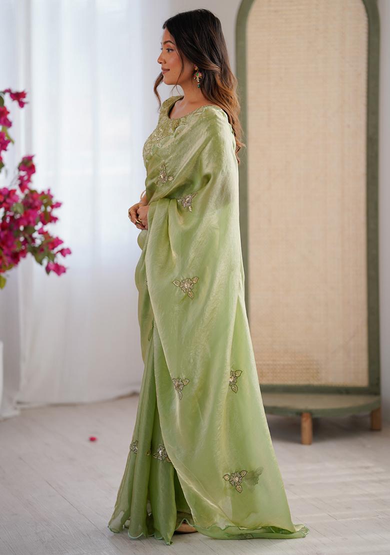 Pista Embroidered Satin Saree Set - Indya