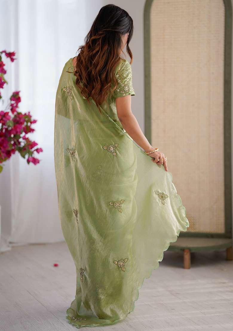 Pista Embroidered Satin Saree Set - Indya