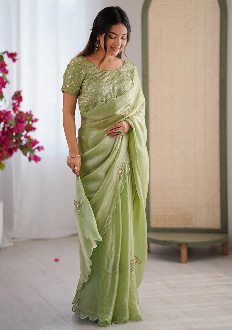 Pista Embroidered Satin Saree Set - Indya