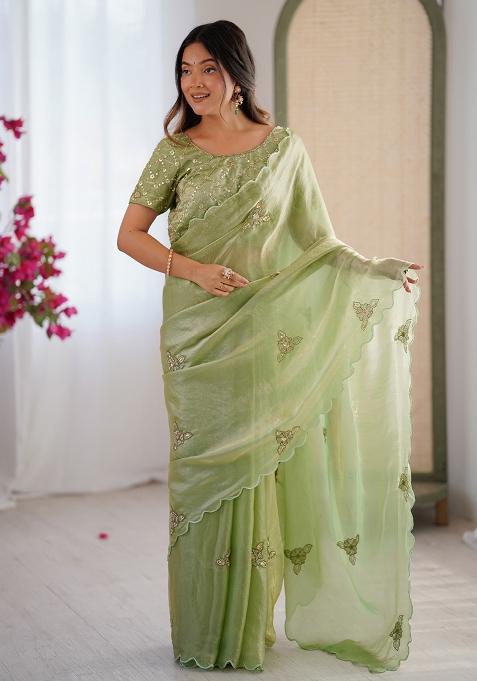Pista Embroidered Satin Saree Set