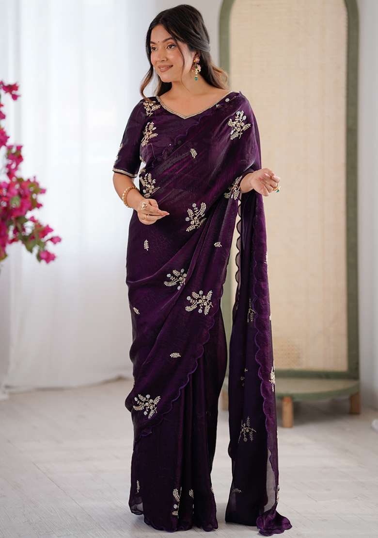 Wine Embroidered Satin Saree Set for Diwali and Festive Wear - Indya