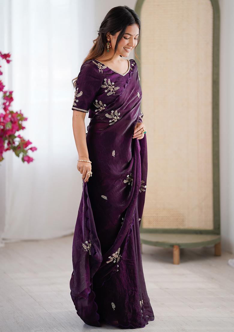 Wine Embroidered Satin Saree Set - Indya
