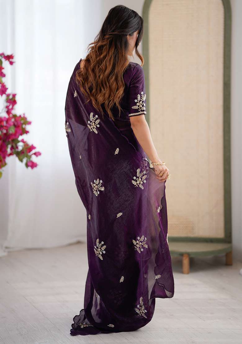 Wine Embroidered Satin Saree Set for Diwali and Festive Wear - Indya