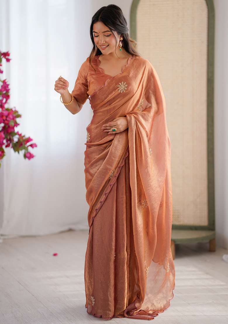 Orange Embroidered Satin Saree Set - Indya