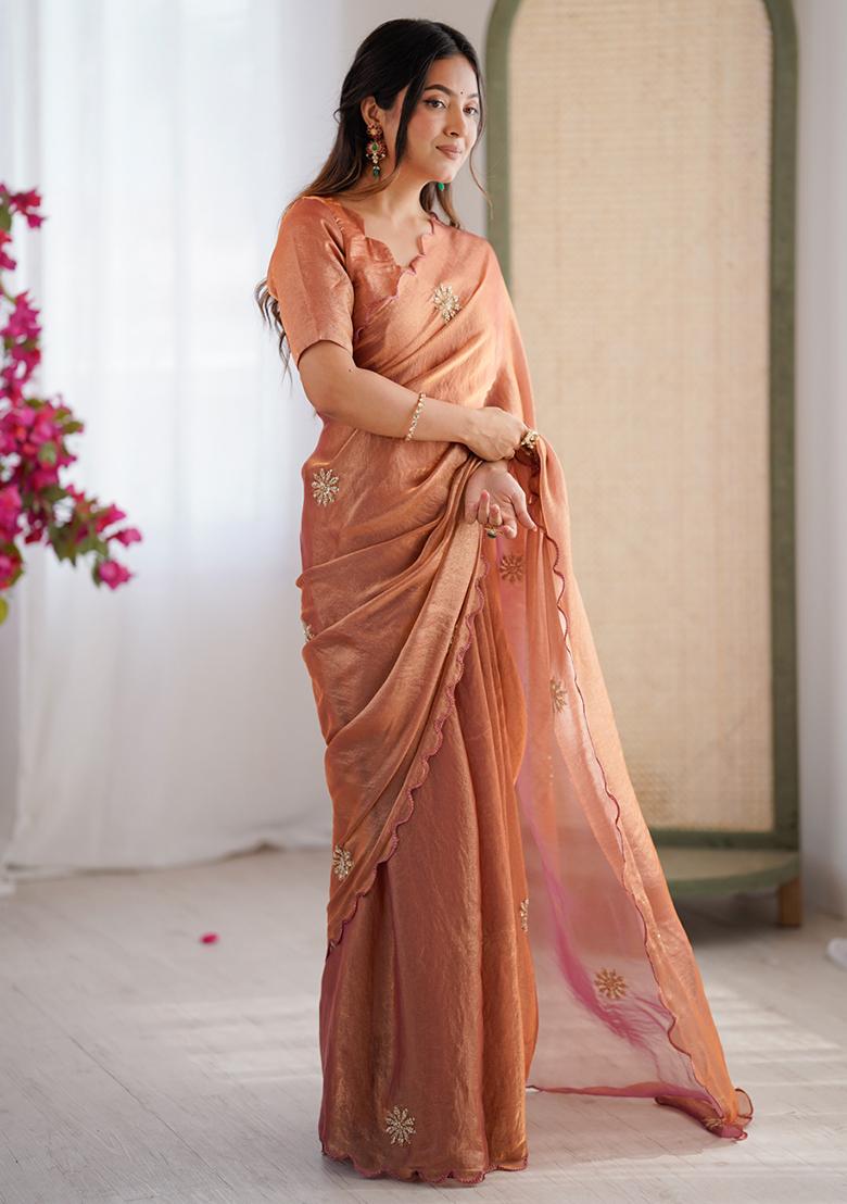 Orange Embroidered Satin Saree Set - Indya