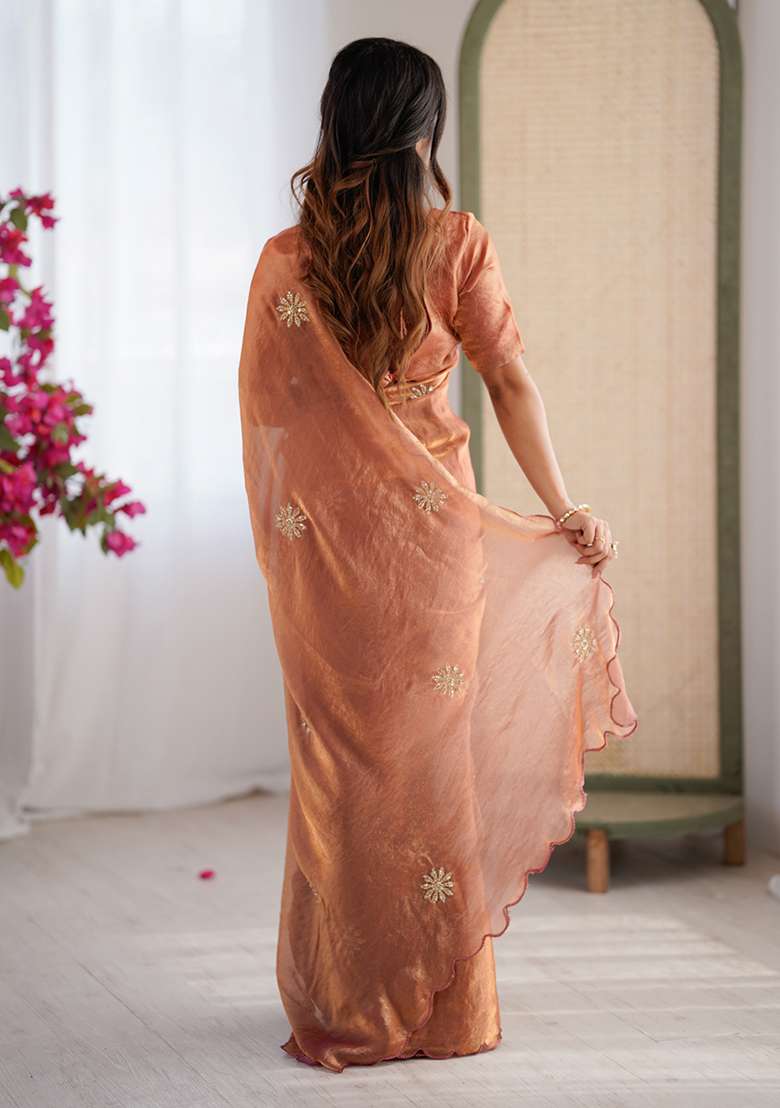 Orange Embroidered Satin Saree Set - Indya