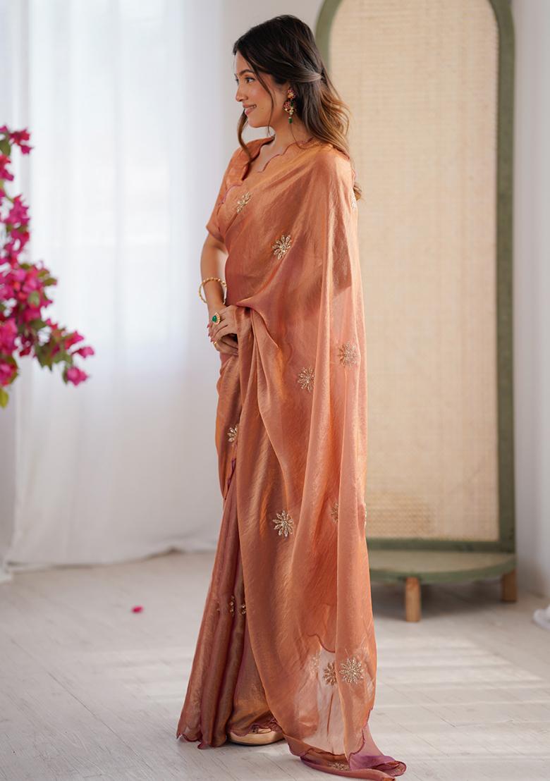 Orange Embroidered Satin Saree Set - Indya