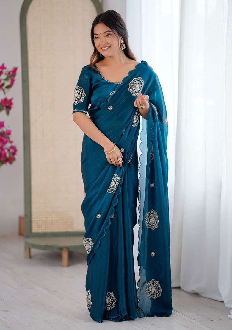 Teal Embroidered Satin Saree Set - Indya