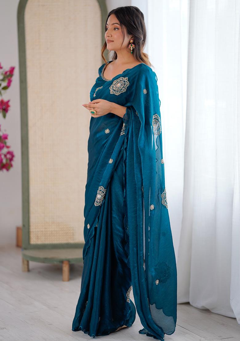 Teal Embroidered Satin Saree Set - Indya