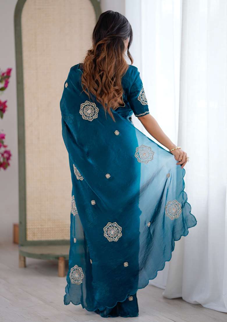 Teal Embroidered Satin Saree Set - Indya