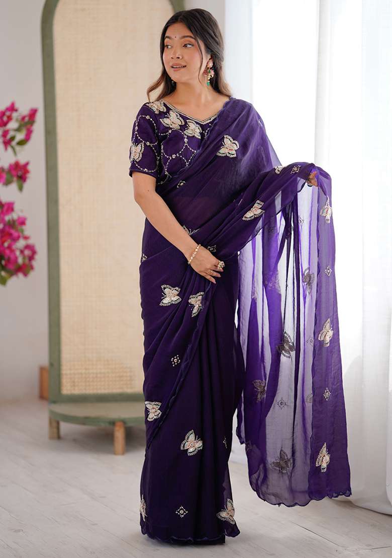 Purple Butterfly Design Silk Blend Saree Set for Diwali | Wedding & Festive Wear - Indya