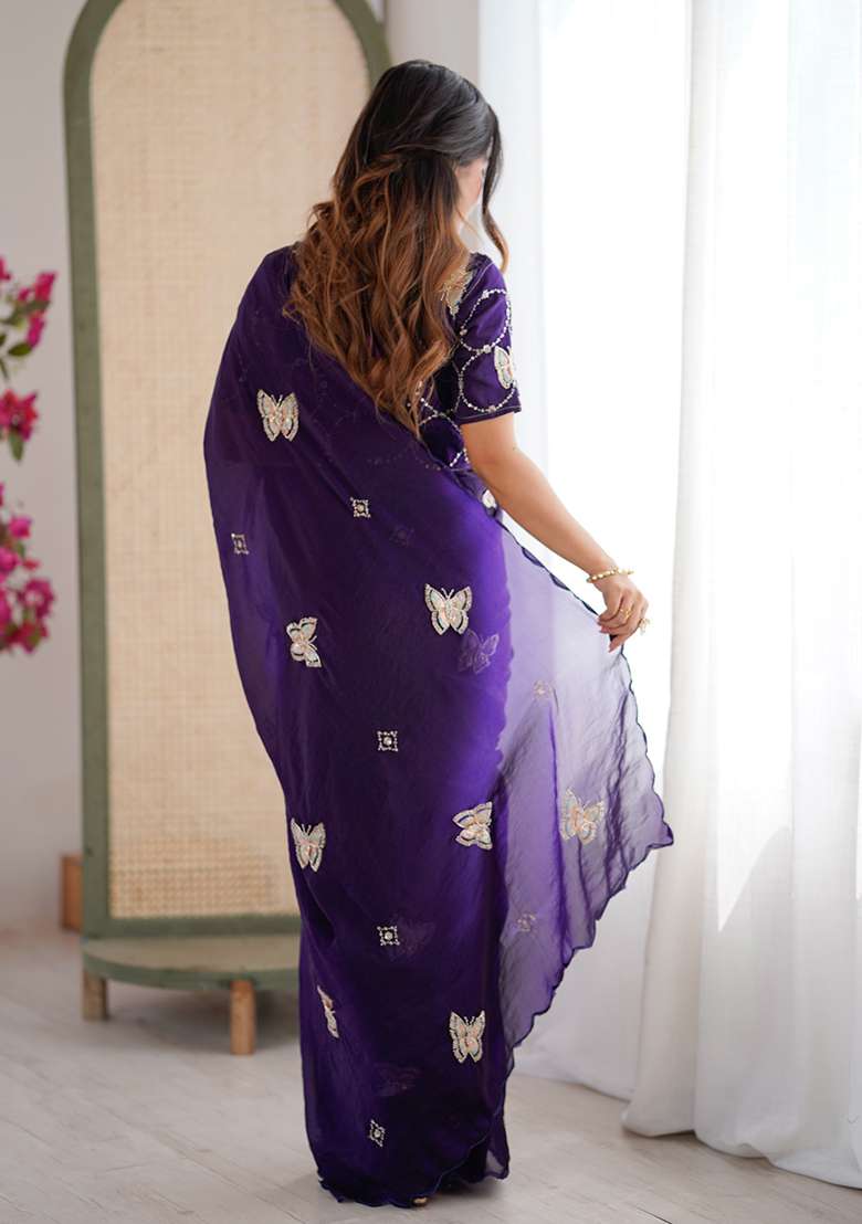 Purple Butterfly Design Silk Blend Saree Set for Diwali | Wedding & Festive Wear - Indya