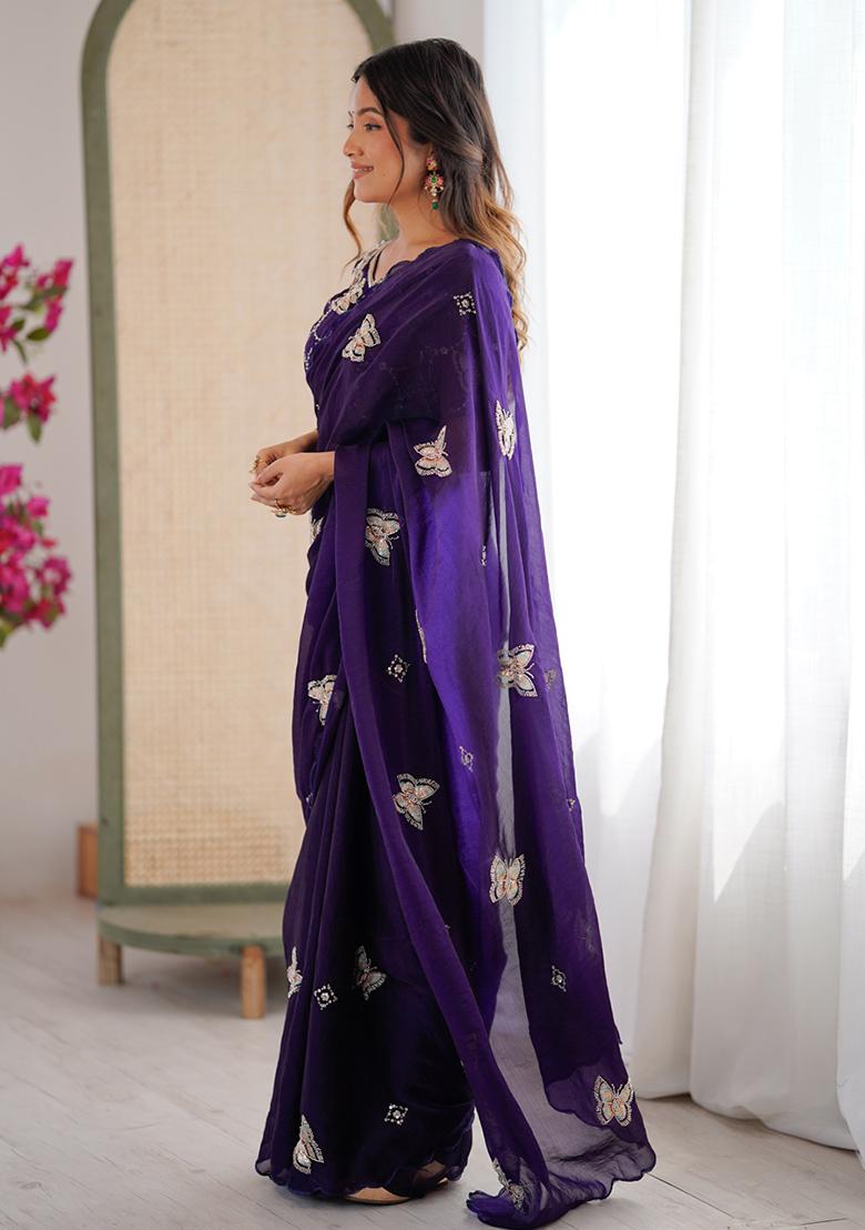 Purple Butterfly Design Silk Saree Set - Indya