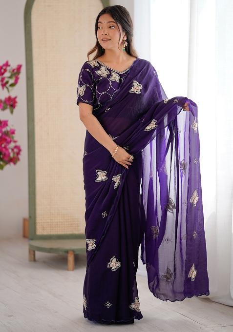 Purple Butterfly Design Silk Saree Set