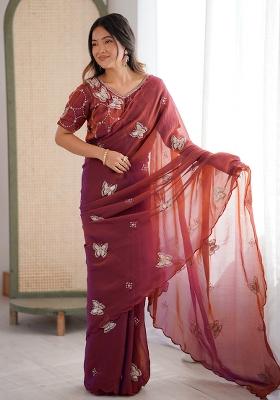 Rust Butterfly Design Silk Saree Set