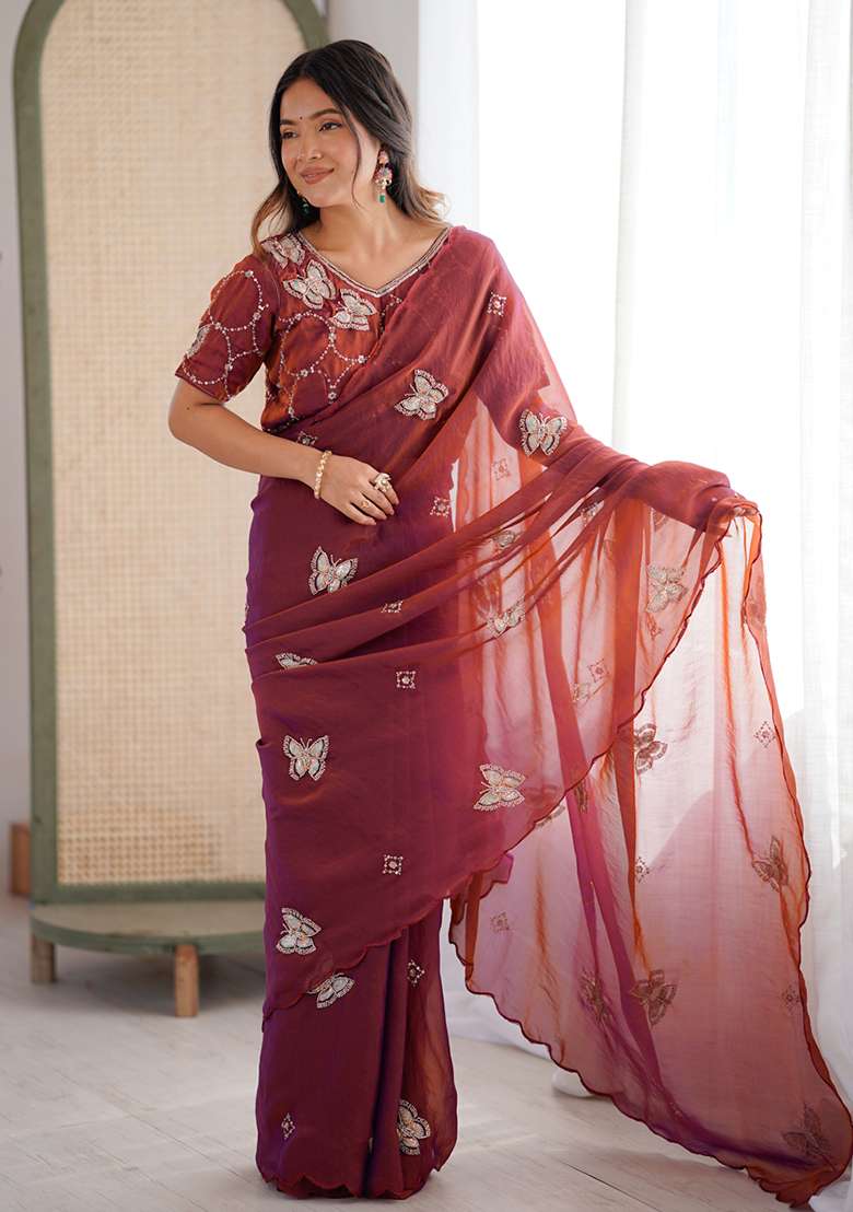 Rust Butterfly Design Silk Blend Saree Set for Diwali | Wedding & Festive Wear - Indya