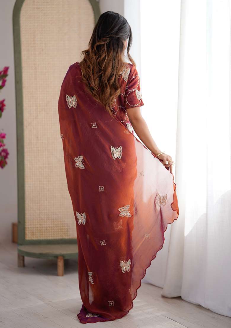 Rust Butterfly Design Silk Blend Saree Set for Diwali | Wedding & Festive Wear - Indya