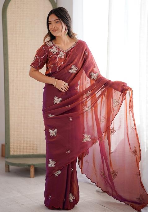 Rust Butterfly Design Silk Saree Set