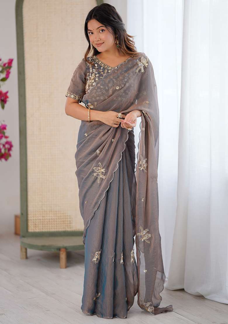 Grey Butterfly Design Silk Blend Saree Set for Diwali and Festive Wear - Indya