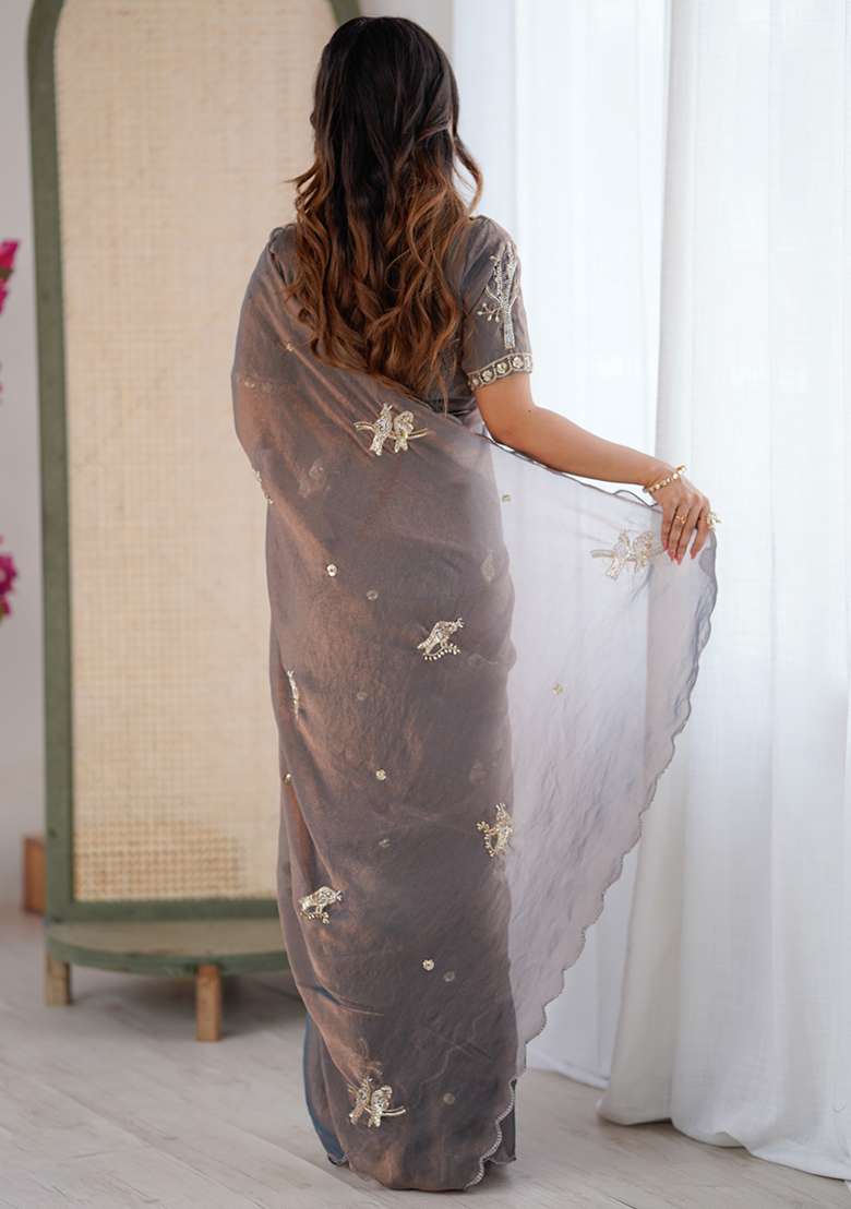 Grey Butterfly Design Silk Blend Saree Set for Diwali and Festive Wear - Indya