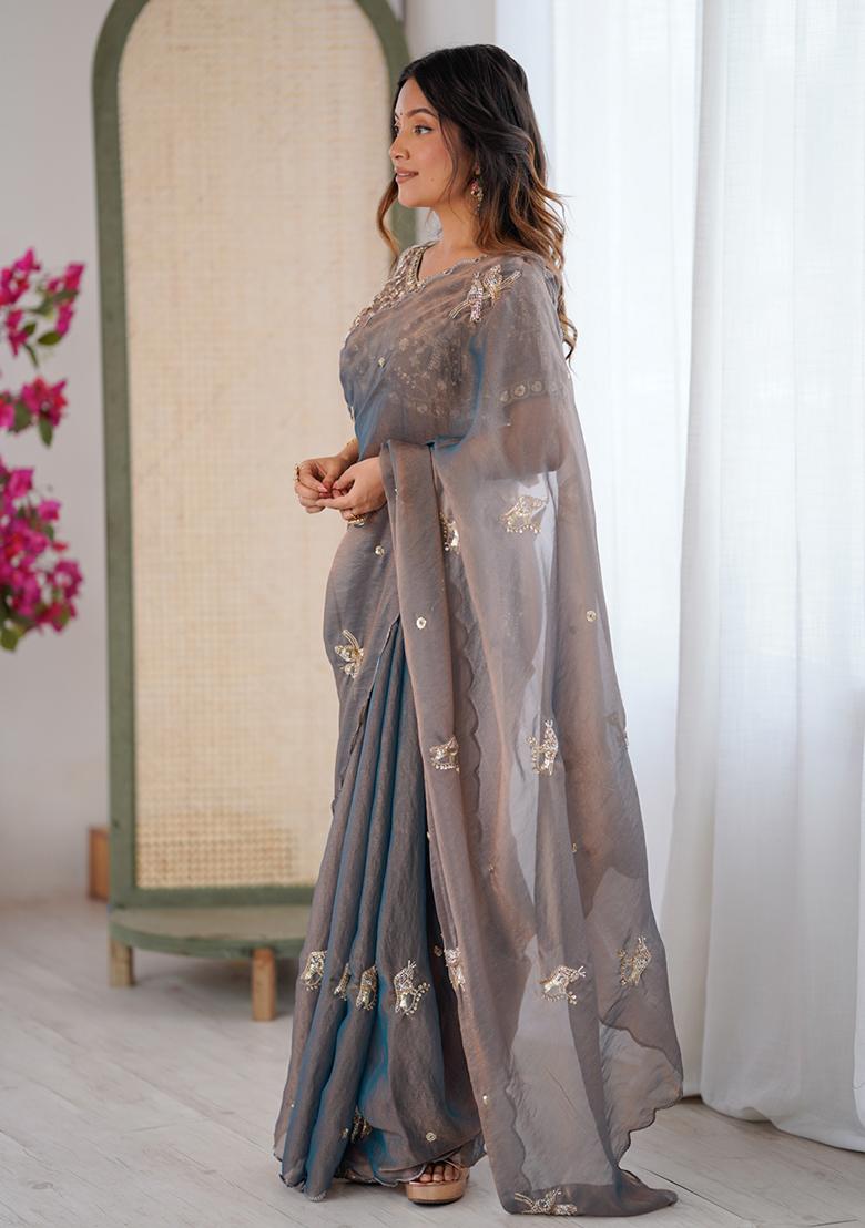 Grey Butterfly Design Silk Saree Set - Indya