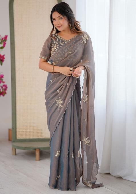 Grey Butterfly Design Silk Saree Set