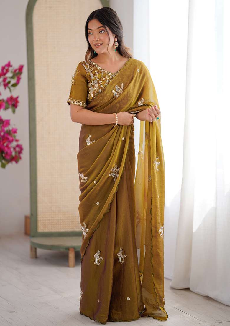 Mehendi Butterfly Design Silk Blend Saree Set for Diwali and Festive Wear - Indya