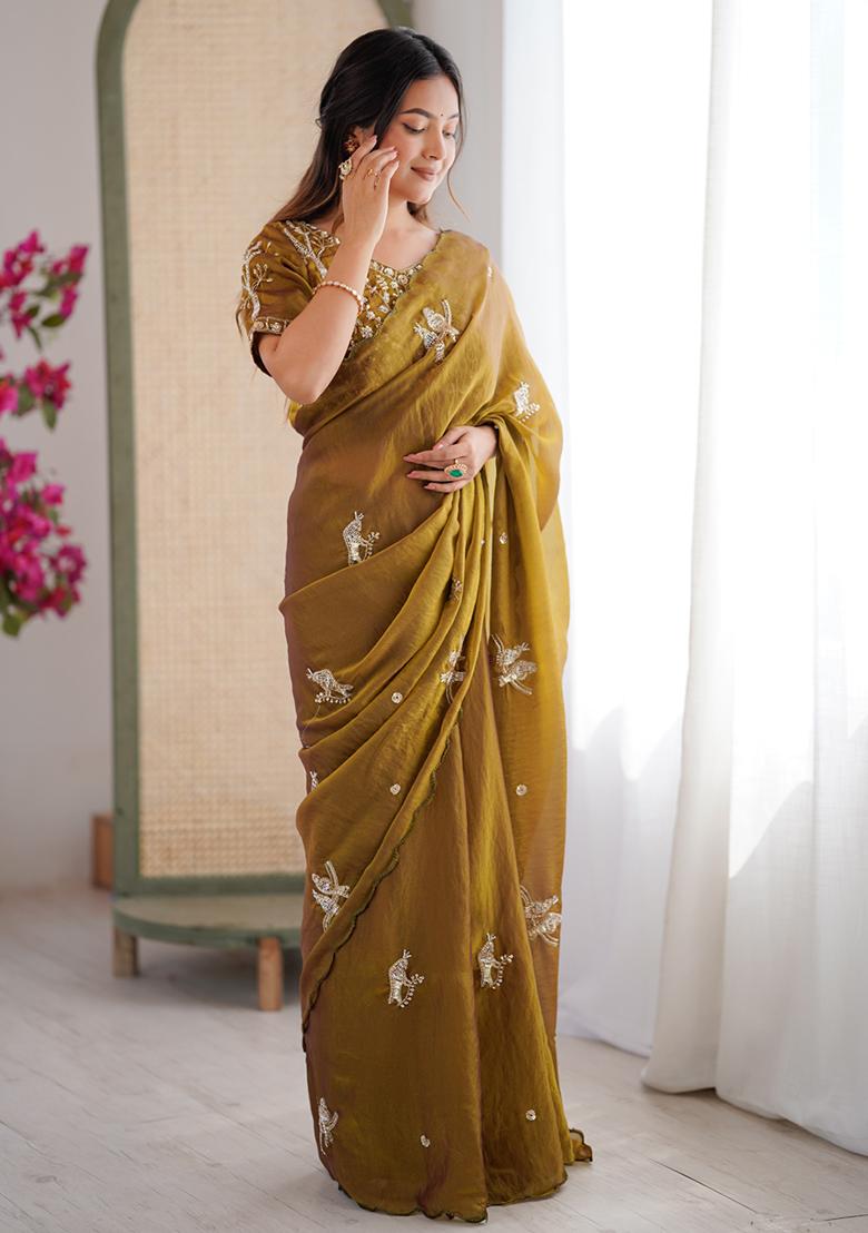 Mehendi Butterfly Design Silk Saree Set - Indya