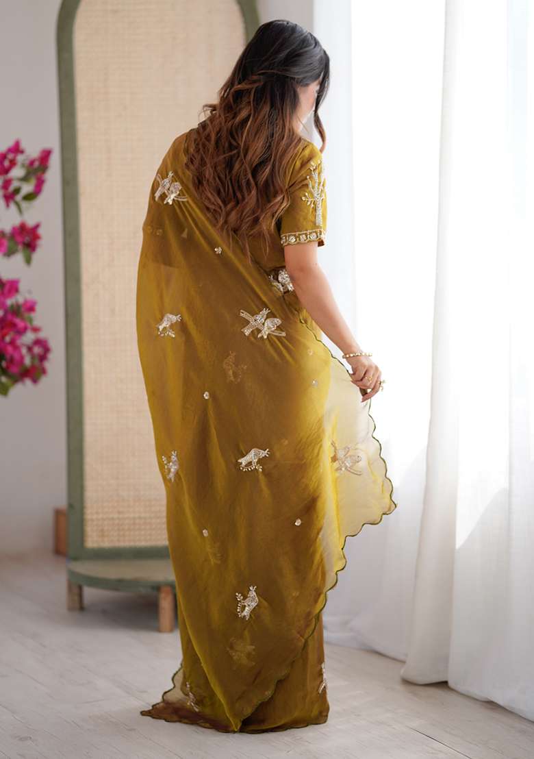 Mehendi Butterfly Design Silk Blend Saree Set for Diwali and Festive Wear - Indya