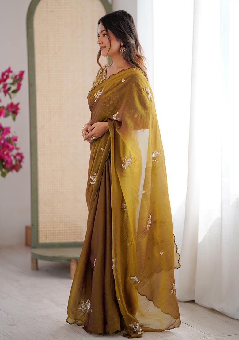 Mehendi Butterfly Design Silk Saree Set - Indya