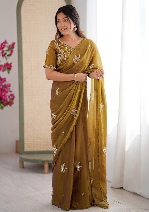 Mehendi Butterfly Design Silk Saree Set