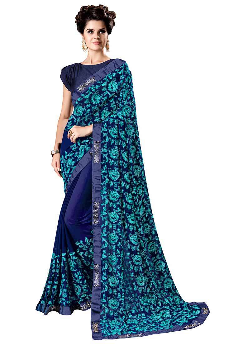 Navy Georgette Saree Set with Embroidered for Diwali | Wedding & Festive Wear - Indya