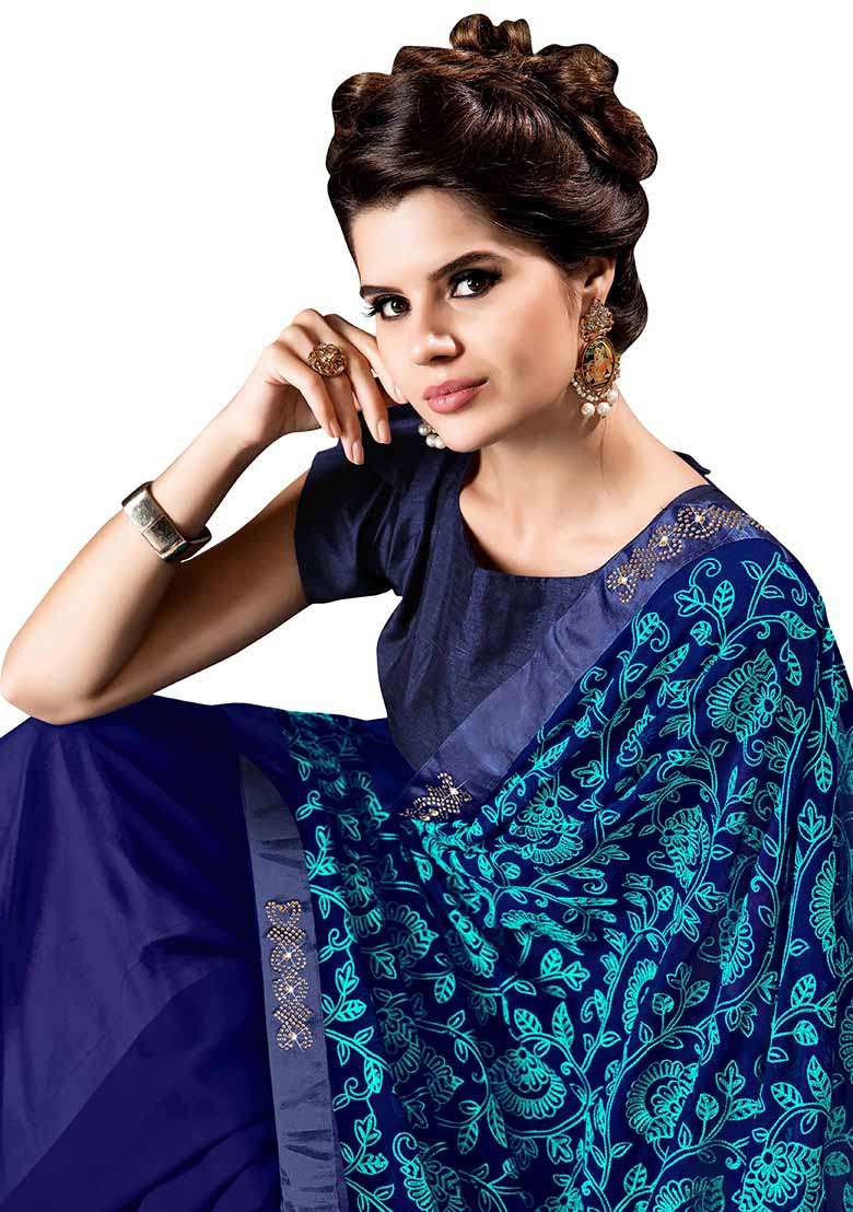 Navy Georgette Saree Set with Embroidered for Diwali | Wedding & Festive Wear - Indya