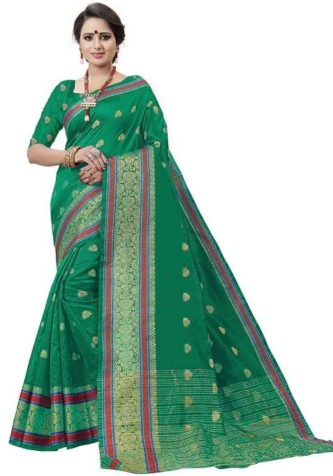 Green Embroidered Cotton Blend Saree Set