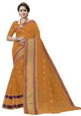 Mustard Embroidered Cotton Blend Saree Set