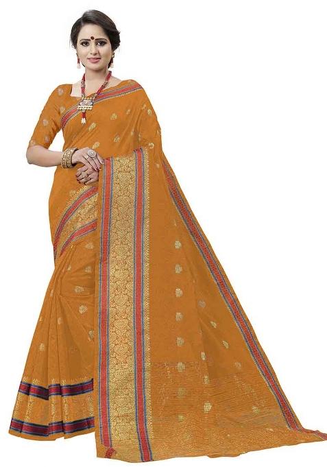 Mustard Embroidered Cotton Blend Saree Set