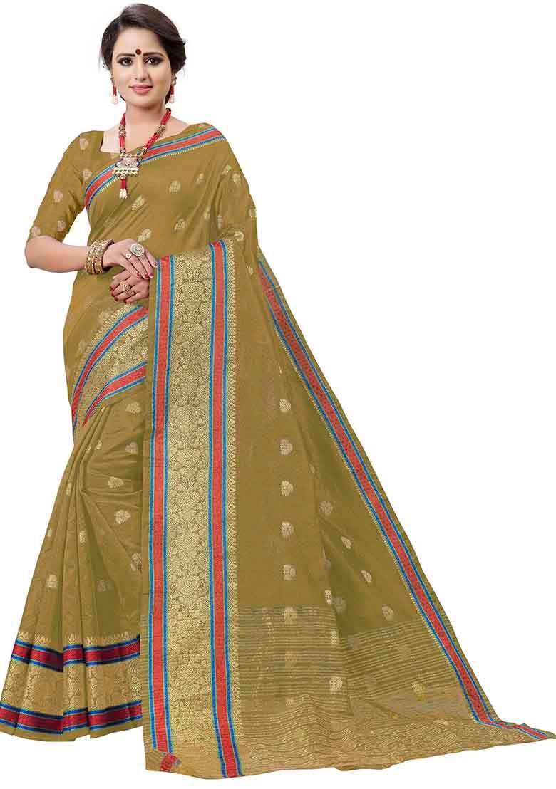 Beige Embroidered Cotton Blend Saree Set for Diwali and Festive Wear - Indya