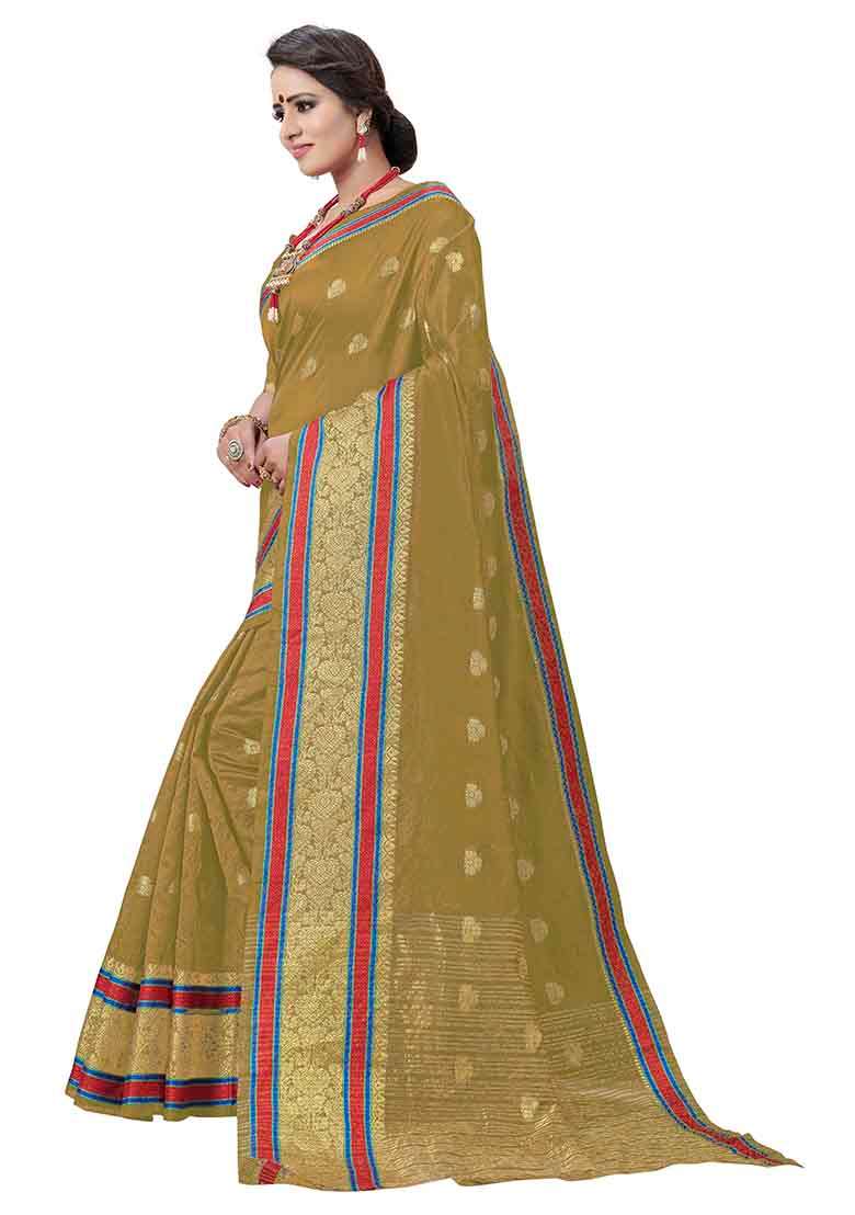 Beige Embroidered Cotton Blend Saree Set for Diwali and Festive Wear - Indya