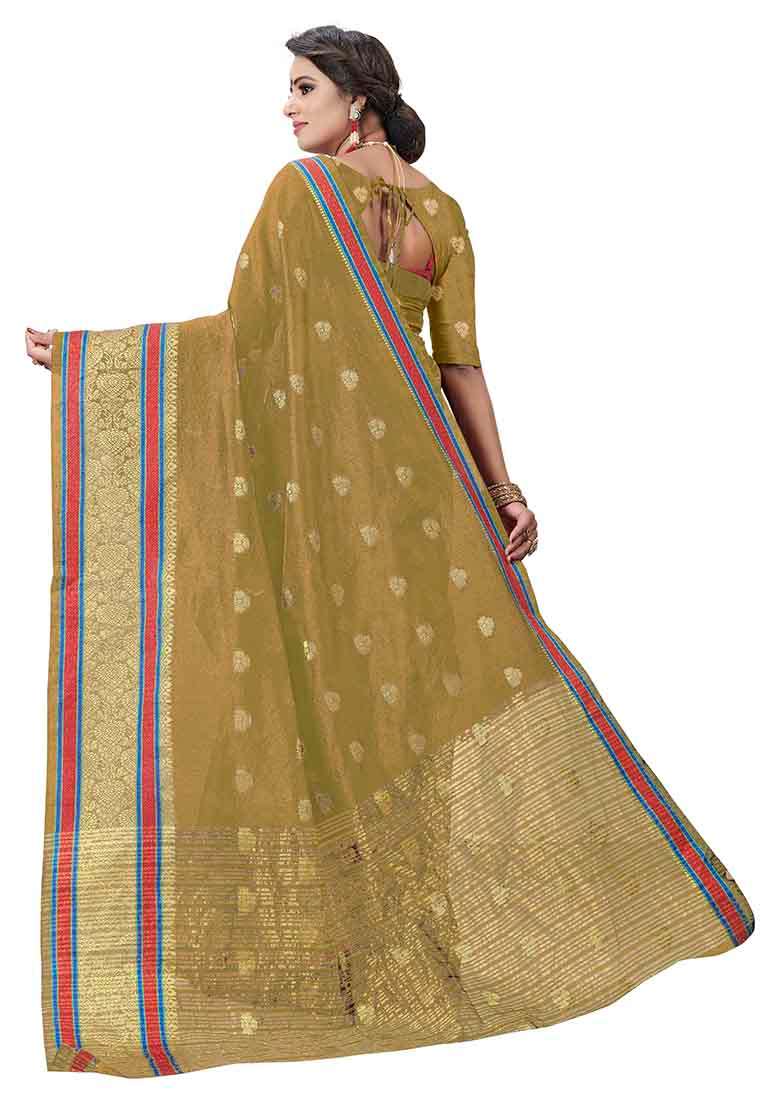 Beige Embroidered Cotton Blend Saree Set for Diwali and Festive Wear - Indya